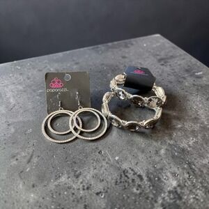 Paparazzi Silver Rhinestone Double Hoop Earrings and Smoky Grey Gem Bracelet Set